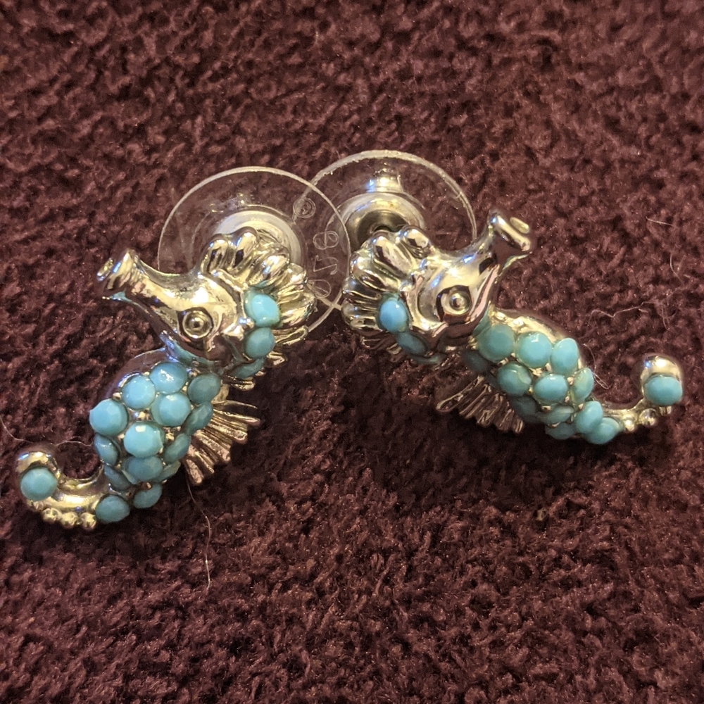 Seahorse earrings, teal & silver